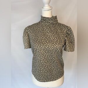ZARA Elegant Black and Cream Patterned Women's Short Sleeve Mock Neck Top